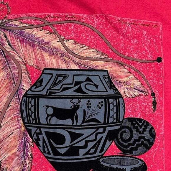 Vintage 90s Southwest Pottery Art Shirt Womens L Coral Cuffed Rivets USA Made - Picture 5 of 8